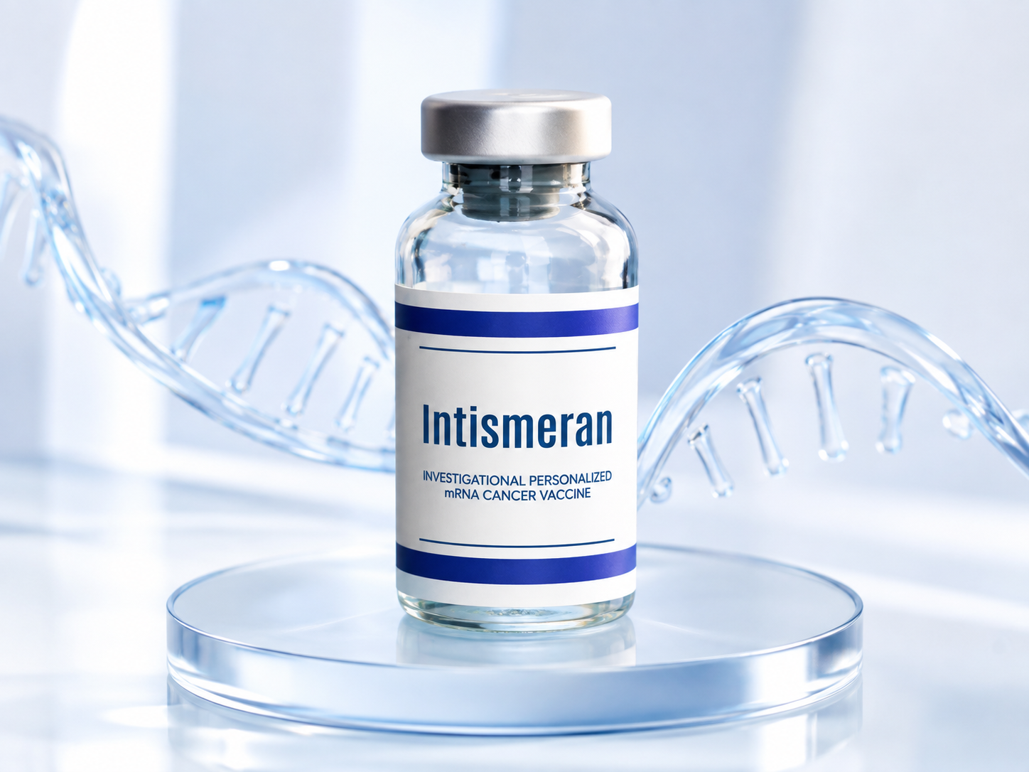 Intismeran vial on a studio pedestal