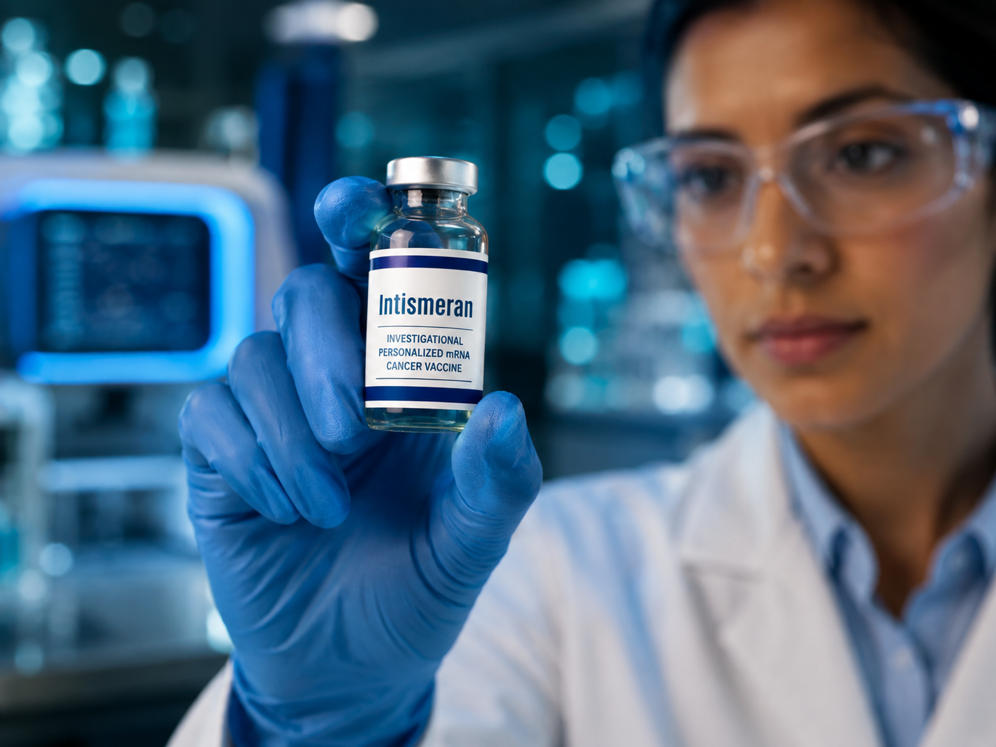 Researcher holding an Intismeran vial in a lab