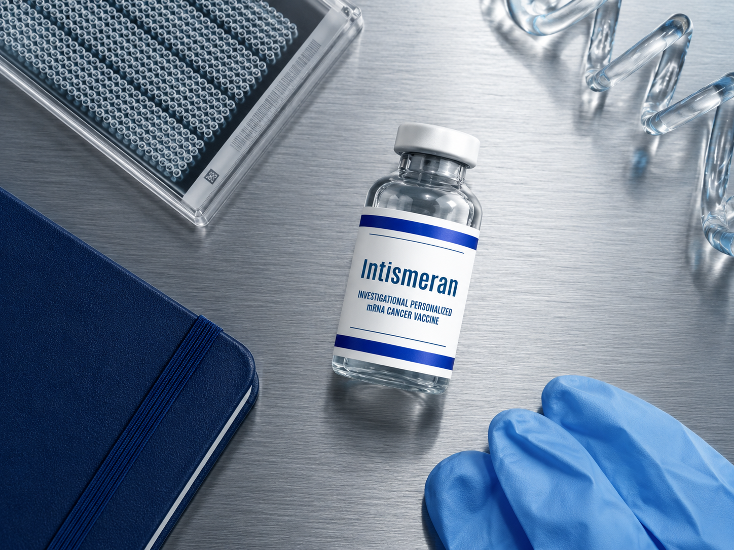 Intismeran vial on a steel bench with notebook and pipette tips
