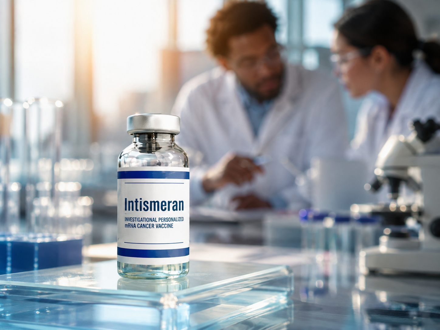 Intismeran vial in the foreground with researchers talking behind it
